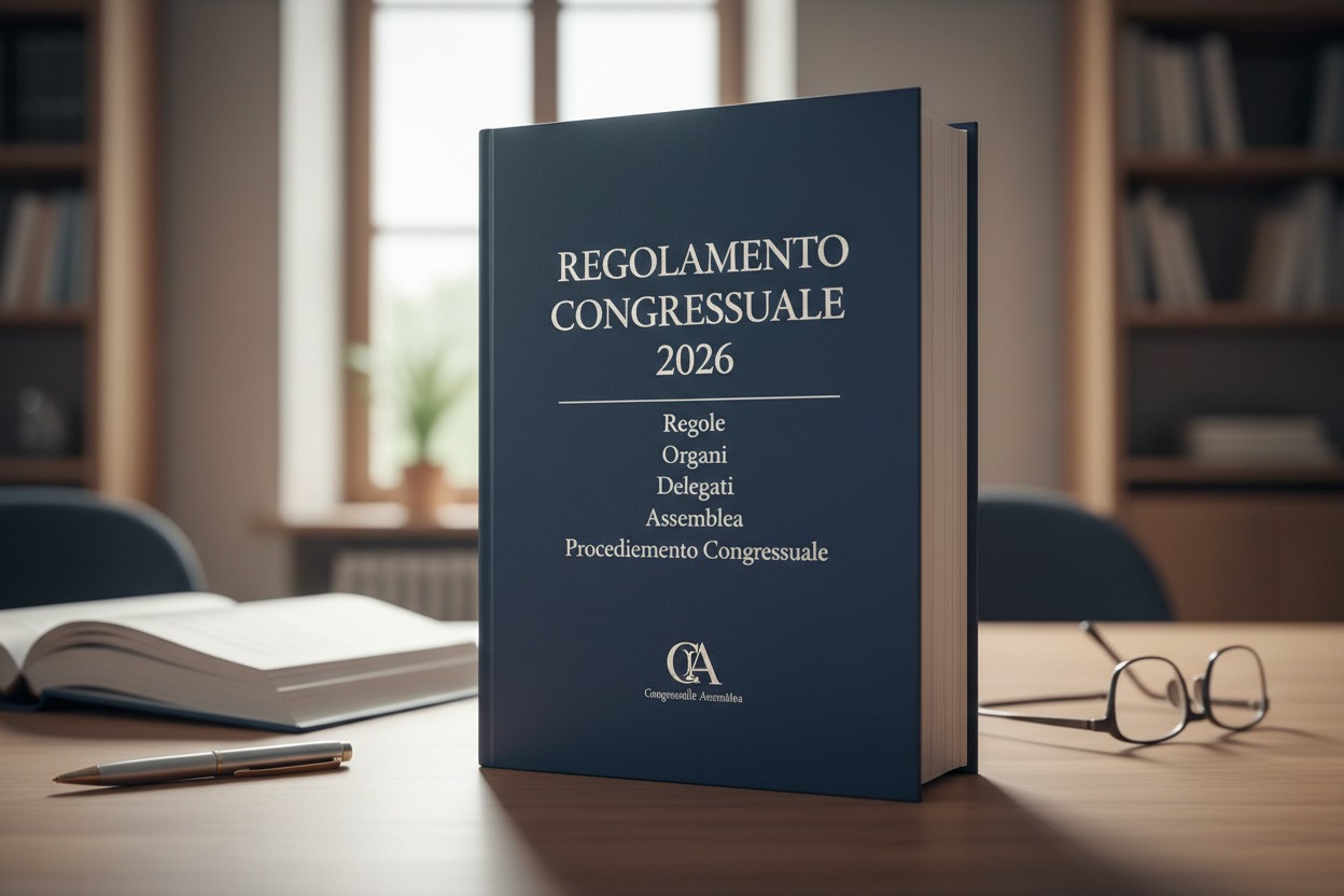 Un libro blu intitolato Regolamento Congressuale 2026 posizionato in piedi su una scrivania in legno.
