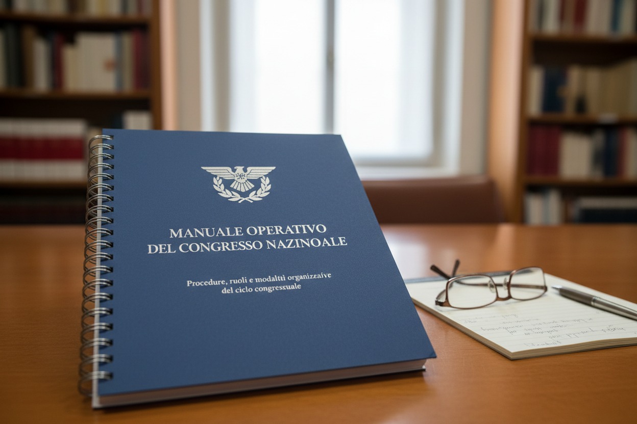 Un manuale blu con rilegatura a spirale e la scritta "Manuale operativo del Congresso Nazionale" si trova su una scrivania di legno accanto a un blocco note, un paio di occhiali e una penna.